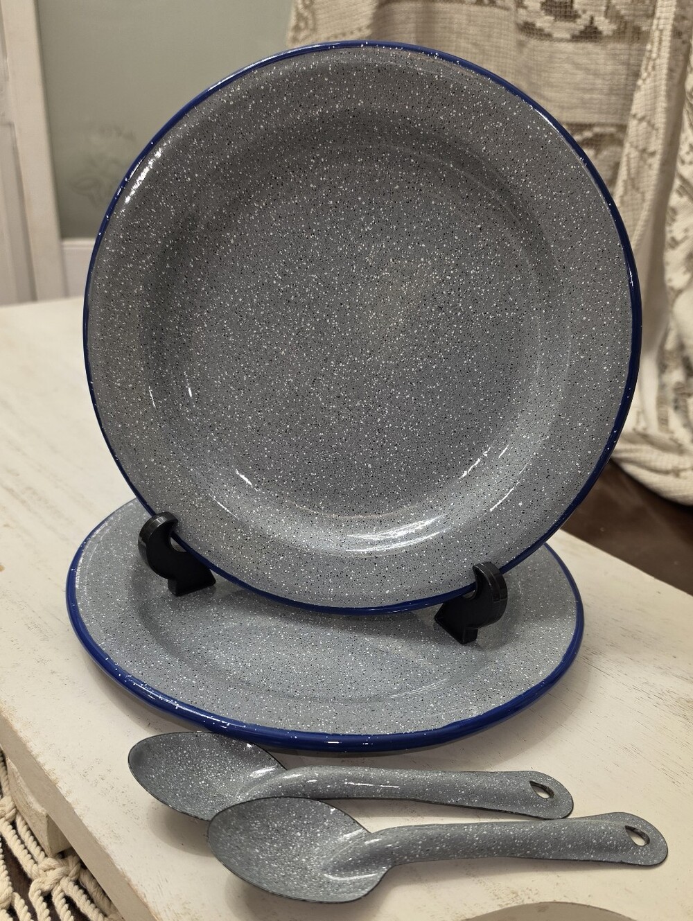 Vintage Blue Speckled Enamelware Camping Plates Spoons Set 4 Pc Made In Mexico